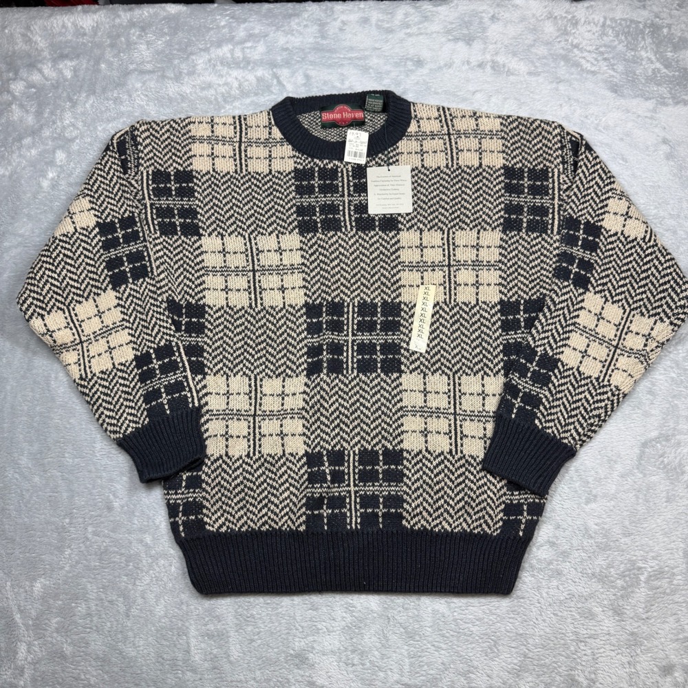 Vintage Stone Haven Crewneck Sweater Mens XL Beige Plaid Hemp Blend 90s